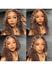 Curly Bob Wigs 13X4 Lace Front Wig Brazilian Remy Human Hair Wigs Blonde Brown Deep Wave Short Wig For Women 13x4 Lace Highlight Color 4/27 ,8-16inch ,180% Density Human Hair Lace Wig