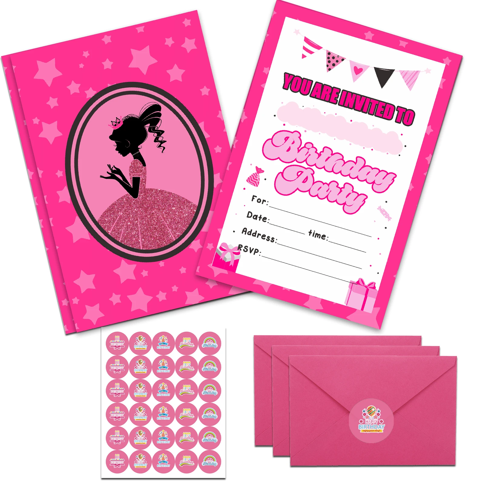 30 Pack Birthday Party Invitations With Envelopes And Sticker, Cute Birthday Party Invitations Cards, Party Decorations Supplies For Birthday Party - Hot Pink - View 1