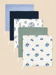 5件装花卉和卡通动物印花婴儿纯棉纱布围兜、喂奶手帕、拍嗝巾 - 彩色 - 查看 2