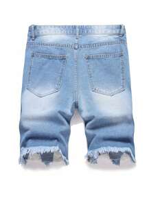 Men's Fashionable Casual Outdoor Activities Street Versatile Comfortable Ripped Denim Shorts, Emo Style - Light Wash - View 2