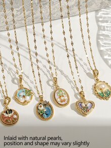 1 Pezzo di collana con pendente vintage con fiori smaltati e accenti irregolari di perle per donne, catena placcata oro 18 carati in rame, regalo per la festa della mamma, regalo per insegnanti, regalo di laurea, collana boema da spiaggia per viaggi estivi e festival, ispirata al giardino di Monet, adatta per feste quotidiane, accessori rave/ballo di fine anno, gioielleria oro giallo