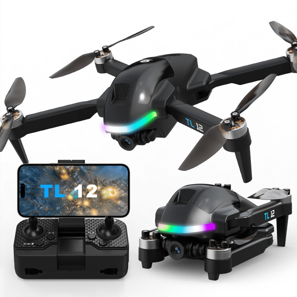 TL12 Drohne mit 1080P Kamera, WiFi FPV, bürstenlose Motoren, LED-Lichtmodi, faltbarer RC-Quadcopter für Anfänger, tolles Geschenk für Kinder & Erwachsene