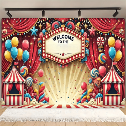 1 pièce Bannière de fond thème cirque, matériel en polyester, décoration de thème cirque, décoration de fête d'anniversaire, thème universel, adapté aux fêtes d'anniversaire, décoration de fête, anniversaire, multi-taille, sans électricité