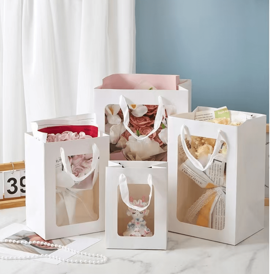 1/3/5 piezas Bolsas de regalo con ventana transparente para flores, cajas de exhibición de ramos de flores grandes, cajas de regalo plegables y portátiles