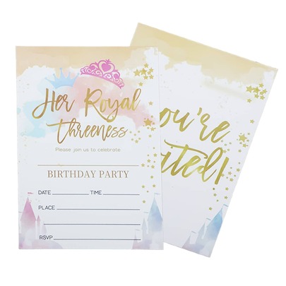 Convite de aniversário de 3 anos em aquarela com envelope - Her Royal Trio - Cartão de convite de aniversário estilo castelo mágico, preenchido frente e verso, adequado para festas temáticas, presentes e decorações de festa