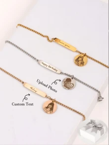 Customized Photo Bracelet With Name Plate, Your Photo Bracelet, Customized Bracelet, Engraved Bracelet, Personalized Jewelry, Portrait Bracelet, Gold Portrait Pendant, Personalized Family/Pet Jewelry, Perfect Gift, Family Keepsake Gift - Multicolor - View 1