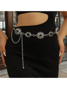 波西米亚复古金属链条腰带，绿松石雕刻腰链，亚克力腰链，可爱锌合金腰链，适合所有季节：夏季、秋季、万圣节 - 黑銀色 - 查看 6