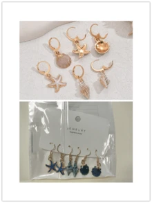 3 对海星、贝壳、蜗牛形油滴耳环套装，女士可爱海滩度假珠宝套装