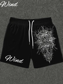 Men's Summer Retro Angel Shield 3D Print Regular Shorts, Casual Sports Breathable Loose, Suitable For Sports, Leisure, Home, And Gatherings