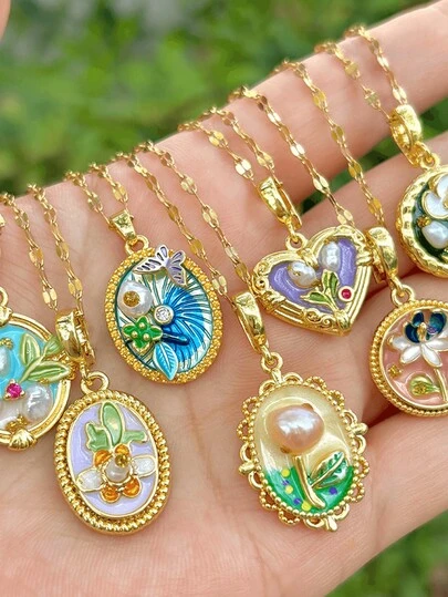 1Pc Vintage Enamel Floral Pendant Necklace With Asymmetrical Faux Pearl Accents For Women, 18K Gold Plated Copper Chain, Mother Day Gift, Teacher Gifts, Graduation Gift, Bohemia Beach Necklace For Summer Travel & Festivals, Monet's Garden, For Daily Party, Rave/Prom Accessories Gold Yellow Jewellery