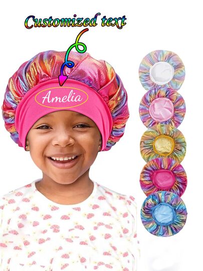 Customized Text Kids Sleeping Cap, Elastic Single Layer Laser Shower Cap, Wide Brim Children's Hat, Elastic Wide Brim Comfortable Night Cap, Lightweight Elastic Fitted With Adjustable Closure