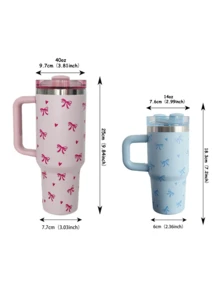 1 件 40 盎司-14 盎司不锈钢真空隔热旅行杯，带手柄、心形和蝴蝶结装饰，大容量保温/保冷杯，适用于汽车、学校、办公室、户外、健身房、家庭、女性和青少年礼物、节日礼物、生日礼物（带吸管） - 彩色 - 查看 3