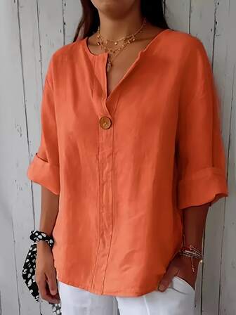 Women's Notched Collar Button Detail Woven Blouse, Relaxed Fit