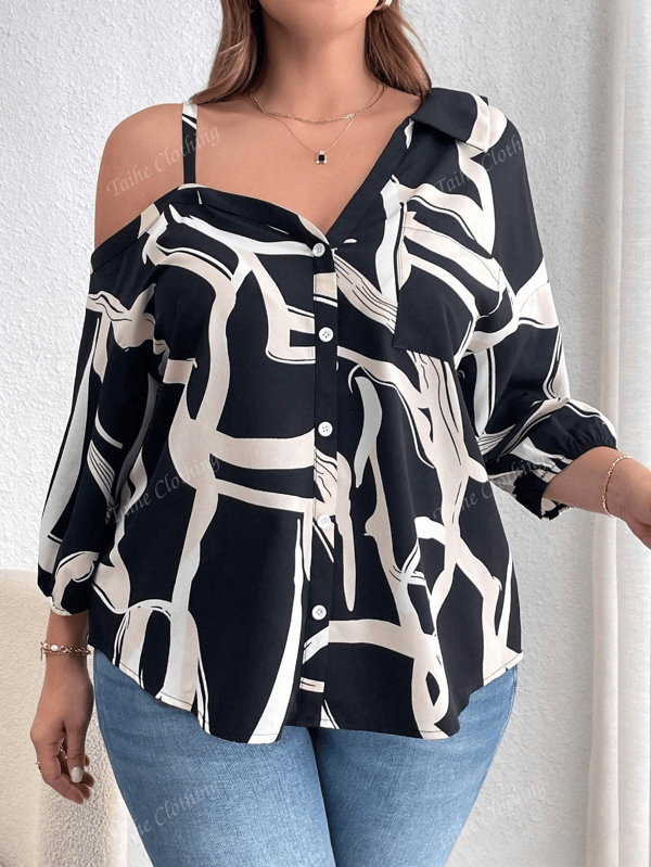 Blusa hombros descubiertos de manga 3/4 con estampado geométrico talla grande, adecuada para uso diario y estilo de calle