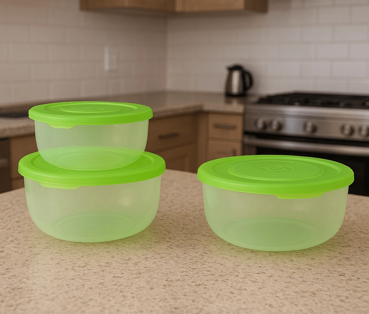Algon Set Of 3 Round Food Containers 0.5/1L/2L With Lid And Airtight Closure - Set Of 3 Round Food Containers With Stackable Design And Suitable For Microwave, Freezer, And Dishwasher, Ideal For Food - Green - View 1