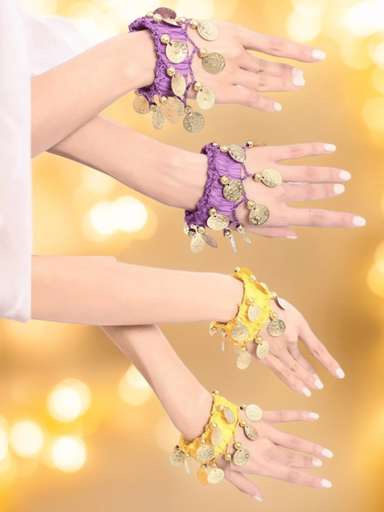 2 件响亮而充满活力的肚皮舞硬币手链、舞蹈服装配饰、肚皮舞珠宝手链、舞蹈比赛硬币手镯、舞蹈表演手链、珠宝手链，非常适合表演和节日 - 彩色 - 查看 1