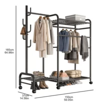 Heavy Duty Metal Double Rail Clothes Garment Hanging Rack Shelf Display Stand,Multi-Purpose Coat Rack,Strong Load Bearing,Carbon Steel Rack - Black - View 2