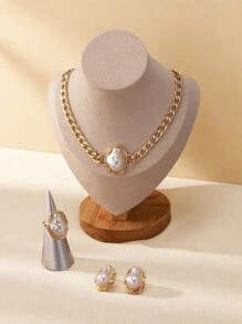 Set de joyería de 4 piezas: anillos, collar y aretes de metal vintage con diseño geométrico asimétrico y perlas falsas, para uso diario, calle, vacaciones y fiestas
