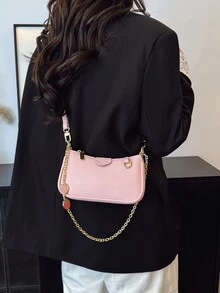 Túi đeo vai dáng baguette thời trang mới, kiểu dáng cổ điển, màu trơn, chất liệu PU chống thấm nước, họa tiết quả dâu tây, dây xích kim loại trang trí, túi xách tay thanh lịch, túi công sở, thích hợp cho du lịch, mua sắm, tiệc tùng, lễ hội. - Hồng - Xem 8