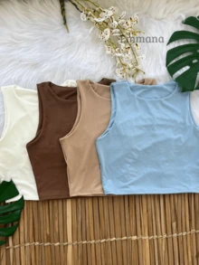 Kit 4 Cropped Women's Suplex Tank Top Basic Blouse Short Cropped T-Shirt Foreign Fashion - White\Brown\Beige\Blue - View 1