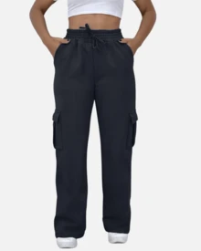 Women's Cargo Pants With Pockets Winter Drawstring Sweatpants - 黑色 - View 3