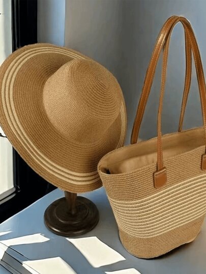 2 Stücke/Set Strohhut + Stroh Einkaufstasche, Urlaub Lässig Strohhut mit breiter Krempe und großer Kapazität Einkaufstasche, Outdoor Reise Sonnenschutz Hut & Tasche mit großer Kapazität