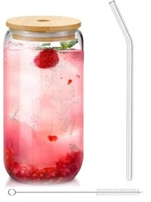 2 Packs Drinking Glasses With Bamboo Lids & Reusable Glass Straws - 16oz Borosilicate Glass Cups Set For Beer, Iced Coffee, Cocktails & Smoothies | Shatter-Resistant Design With Bonus 2 Cleaning Brushes | Dishwasher Friendly Gift-Ready Set For Home Bars, Cafes, Weddings & Gifting