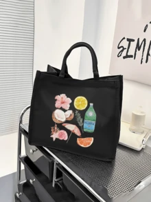 女士时尚旅行沙滩包 - 轻便黑色亚麻手提包和化妆包套装，印有椰子花、酒伞、橙子、葡萄柚等物品，适合海滩 - 黑色 - 查看 4