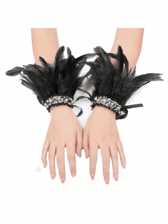 1 Pair Feather & Faux Pearl Cuff Fingerless Gloves, Fashion Costume Accessory For Parties, Balls, Makeup Halloween Halloween Accessories