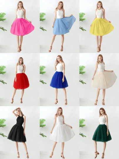 1 件女式高腰中长褶皱薄纱裙，有黑色、白色、红色、黄色、浅蓝色、粉色、橄榄绿、藏青色、酒红色、香槟色、蓝灰色可选，长度 65 厘米，4 层薄纱 + 1 层衬里，适合婚礼、派对、表演、角色扮演、舞台、舞蹈秋季女士服装