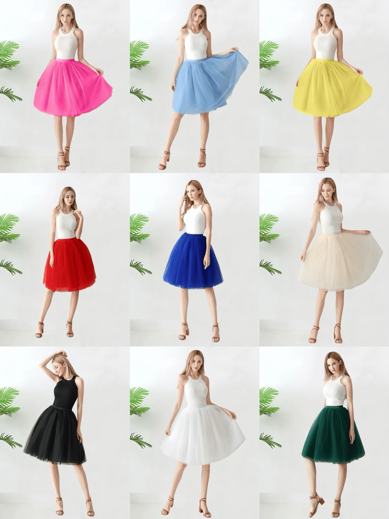 1 chiếc váy xếp ly vải tuyn dài vừa phải cạp cao dành cho nữ, có sẵn màu đen, trắng, đỏ, vàng, xanh nhạt, hồng, xanh ô liu, xanh nước biển, đỏ tía, sâm panh, xám xanh, dài 65cm, vải tuyn 4 lớp + 1 lớp lót, thích hợp cho đám cưới, tiệc tùng, biểu diễn, cosplay, sân khấu, khiêu vũ, trang phục mùa thu dành cho nữ