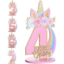 独角兽主题生日数字装饰摆件，适合1~9岁女孩，木质桌面中心装饰品，独角兽主题派对生日周年纪念装饰 - 粉色 - 查看 16