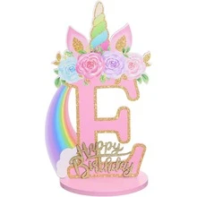 独角兽主题生日数字装饰摆件，适合1~9岁女孩，木质桌面中心装饰品，独角兽主题派对生日周年纪念装饰 - 粉色 - 查看 11