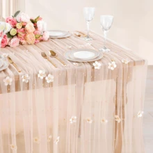 1条珍珠网纱桌旗，饰以花朵和珍珠点缀 - 方形，适用于婚礼、派对装饰、情人节、户外活动，耐用涤纶材质，浪漫风格，精致细节，家居装饰 - 香檳色 - 查看 2
