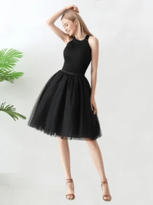 1 chiếc váy xếp ly vải tuyn dài vừa phải cạp cao dành cho nữ, có sẵn màu đen, trắng, đỏ, vàng, xanh nhạt, hồng, xanh ô liu, xanh nước biển, đỏ tía, sâm panh, xám xanh, dài 65cm, vải tuyn 4 lớp + 1 lớp lót, thích hợp cho đám cưới, tiệc tùng, biểu diễn, cosplay, sân khấu, khiêu vũ, trang phục mùa thu dành cho nữ - Nhiều màu - Xem 12