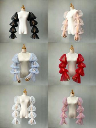 1 Pair Women's Sleeve Cuffs, Available In Black, White, Red, Pink, Light Blue, Champagne, Bridal Gloves, Wedding Dress Accessories, Multi-Layer Tulle Puff Sleeves