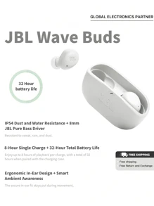 JBL JBL Wave Buds 1 - True Wireless Earbuds, Smart Ambient, VoiceAware, Up To 32 Total Hours Of Battery Life With Speed Charging, Water And Dust Resistant, JBL Deep Bass Sound-(White)