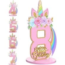 独角兽主题生日数字装饰摆件，适合1~9岁女孩，木质桌面中心装饰品，独角兽主题派对生日周年纪念装饰 - 粉色 - 查看 12