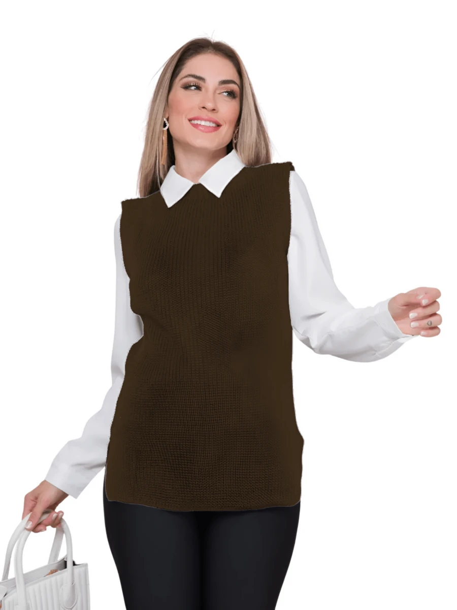 Long Knitted Vest Round Neck Casual Formal Autumn Winter - Coffee Brown - View 1
