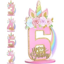 独角兽主题生日数字装饰摆件，适合1~9岁女孩，木质桌面中心装饰品，独角兽主题派对生日周年纪念装饰 - 粉色 - 查看 10