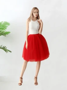 1 chiếc váy xếp ly vải tuyn dài vừa phải cạp cao dành cho nữ, có sẵn màu đen, trắng, đỏ, vàng, xanh nhạt, hồng, xanh ô liu, xanh nước biển, đỏ tía, sâm panh, xám xanh, dài 65cm, vải tuyn 4 lớp + 1 lớp lót, thích hợp cho đám cưới, tiệc tùng, biểu diễn, cosplay, sân khấu, khiêu vũ, trang phục mùa thu dành cho nữ - Nhiều màu - Xem 10