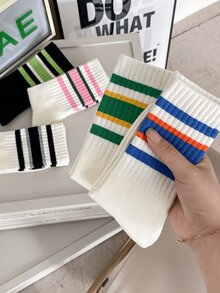 5双运动户外透气运动条纹女士街头袜百搭中筒条纹袜拼接休闲袜 - 彩色 - 查看 2