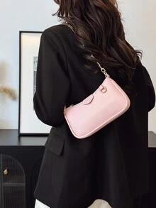 Túi đeo vai dáng baguette thời trang mới, kiểu dáng cổ điển, màu trơn, chất liệu PU chống thấm nước, họa tiết quả dâu tây, dây xích kim loại trang trí, túi xách tay thanh lịch, túi công sở, thích hợp cho du lịch, mua sắm, tiệc tùng, lễ hội. - Hồng - Xem 9