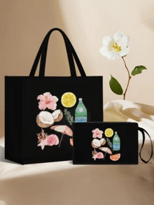 女士时尚旅行沙滩包 - 轻便黑色亚麻手提包和化妆包套装，印有椰子花、酒伞、橙子、葡萄柚等物品，适合海滩 - 黑色 - 查看 6