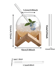 1 Set 450ml Round Moon Cocktail Glass With Wooden Base, Clear Spherical Wine Glass, Smoothie Bowl, Creative Juice Glasses, Drinking Glasses, For Bar, Pub, Club, Restaurant, Home Use, Summer Drinkware Accessories