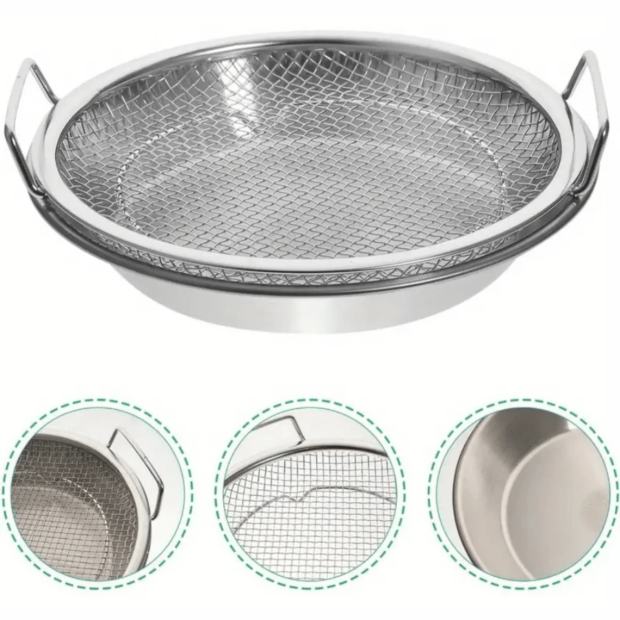 Juego de cesta de sartén de acero inoxidable con bandeja antigoteo - Colador antiadherente y fácil de limpiar, usado para hornear, freír alimentos y verduras, accesorios de cocina, un regalo imprescindible para chefs en el hogar, almacenamiento ahorrador de espacio para organizadores de cocina, idea de regalo de cocina navideña