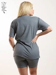 Set dos piezas dama playera manga corta cuello redondo shorts cortos tipo biker cómodos funcionales conjunto dama mujer junior funcional estampado California Hecho México - Gris - Ver 5