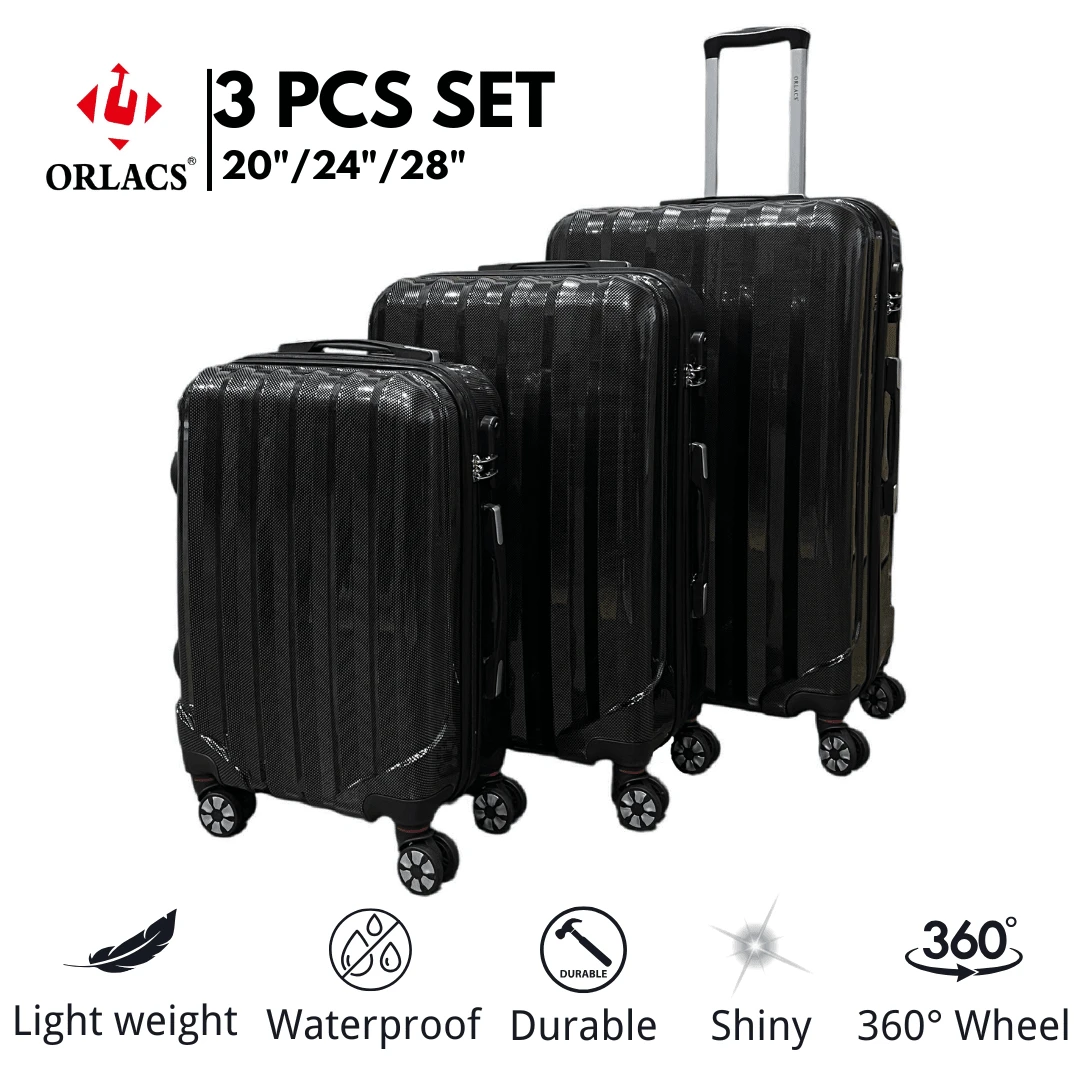 ORLACS 行李箱，旅行箱套装 20+24+28，三件套，ABS 硬质材料，有光泽，重量轻，安全锁，大存储容量，静音万向轮 360°，高品质，耐用，防水，耐磨，防刮，欧洲品牌 - 黑色 - 查看 1