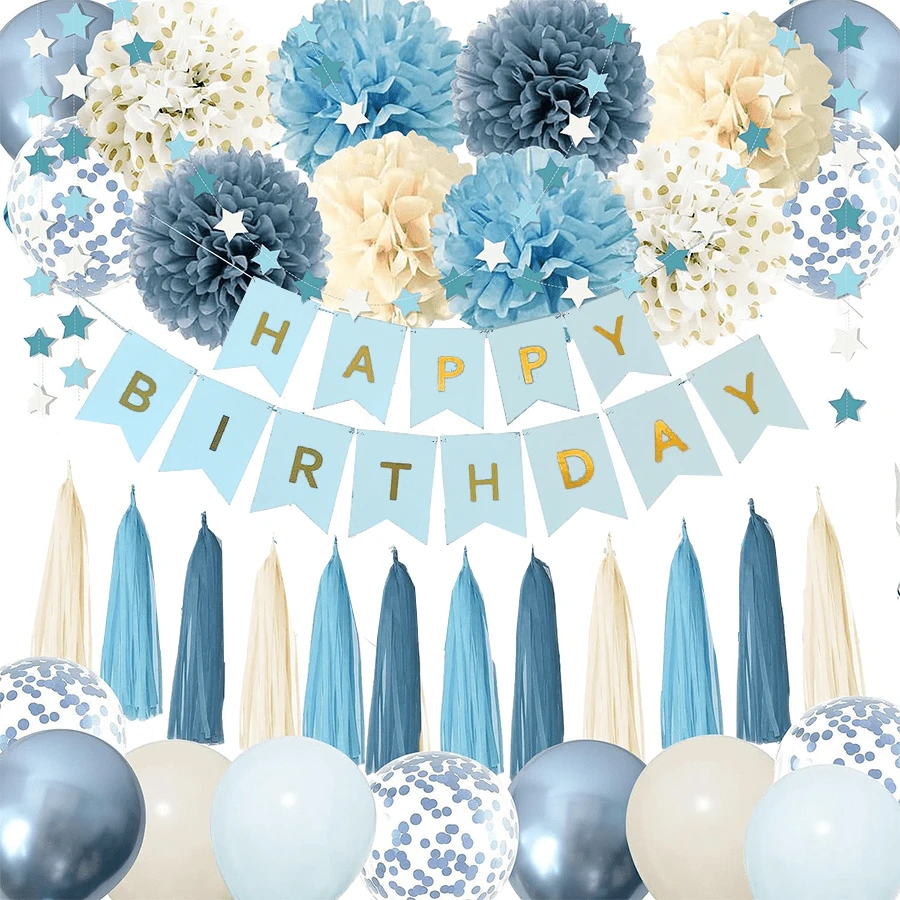 Grey Blue Themed Party Decorations, Including Blue & Gold Balloons, Happy Birthday Banner, Paper Pom Poms And Star Banner, Suitable For Baby Shower, Birthday Party And Wedding Party Decorations. - Dust Blue Tassel Set - View 1