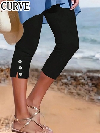 Plus 女式纯色松紧腰纽扣七分裤